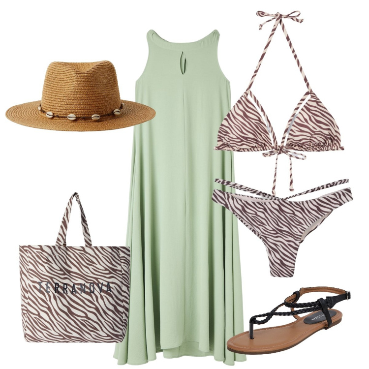 Outfit donna - Oggi giornata al mare!!. Stile Glamour per Mare. Abbinamento con vestiti senza maniche, ciabatte, borse tote, bikini, bikini, cappelli.