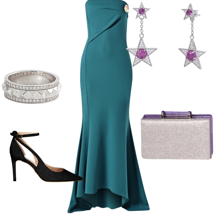 Outfit donna - L abito Rinascimento wow. Stile Glamour per Serata fuori. Abbinamento con anelli, orecchini, vestiti lunghi, pochette, décolleté.