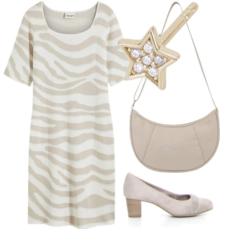 Outfit donna - Tutti i giorni in beige. Stile Basic per Tutti i giorni. Abbinamento con vestiti, orecchini, borse a spalla, décolleté.