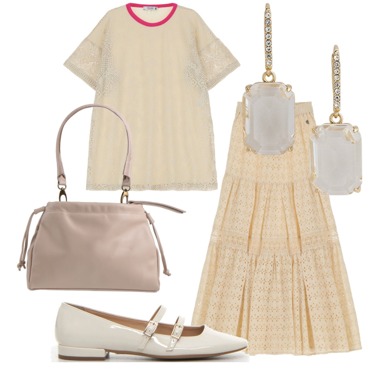 Outfit donna - Passeggiata. Stile Chic per Tutti i giorni. Abbinamento con borse a mano, vestiti corti, gonne lunghe, orecchini, décolleté.