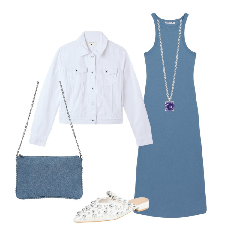 Outfit donna - In città. Stile Minimal per Tutti i giorni. Abbinamento con vestiti lunghi, borse a tracolla, ballerine, blazer, collane.