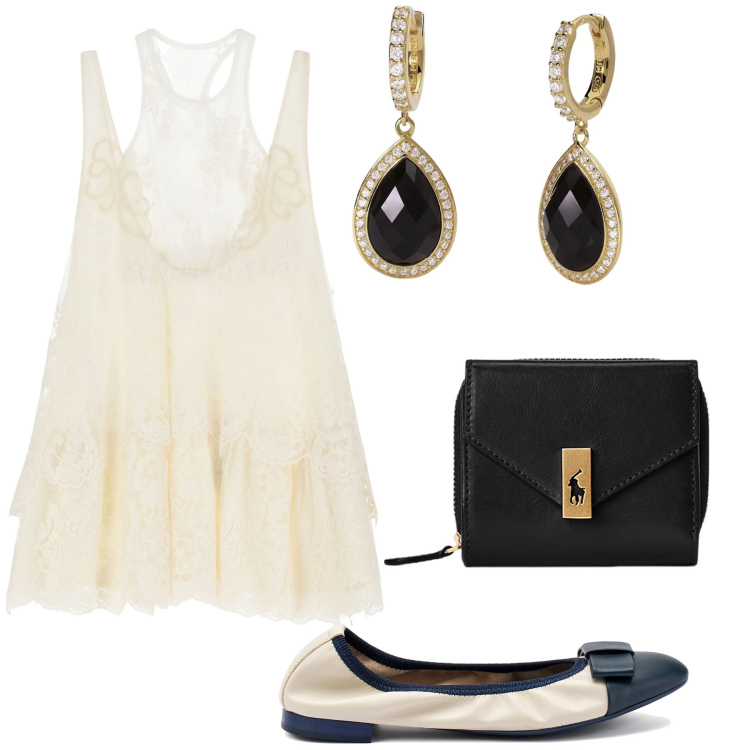 Outfit donna - Lo chic del beige col nero. Stile Bon Ton per Serata fuori. Abbinamento con orecchini, vestiti corti, portafogli, ballerine.