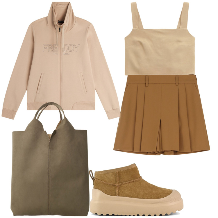 Outfit donna - Chic in alta quota. Stile Casual chic per Tutti i giorni. Abbinamento con gonne, felpe, shopping bag, top, stivali.