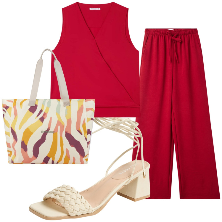 Outfit donna - Il sandalo più fresco. Stile Urban per Tutti i giorni. Abbinamento con bluse, pantaloni, sandali alla schiava, shopping bag.