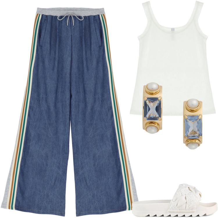 Outfit donna - Total look #2194708-2. Stile Vintage retrò per Mare. Abbinamento con jeans, canottiere, orecchini, ciabatte.