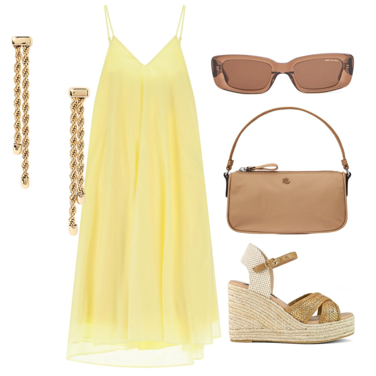Outfit donna - Luce d\'estate. Stile Casual chic per Tutti i giorni. Abbinamento con vestiti midi/longuette, orecchini, pochette, zeppe, occhiali da sole.