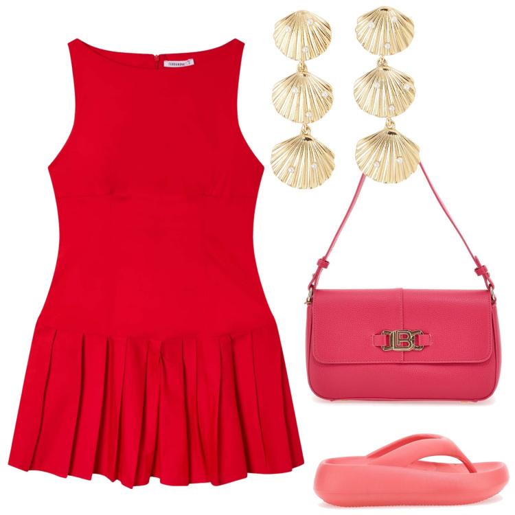 Outfit donna - Arancia rossa sul lungomare. Stile Trendy per Mare. Abbinamento con orecchini, vestiti senza maniche, borse a spalla, infradito.