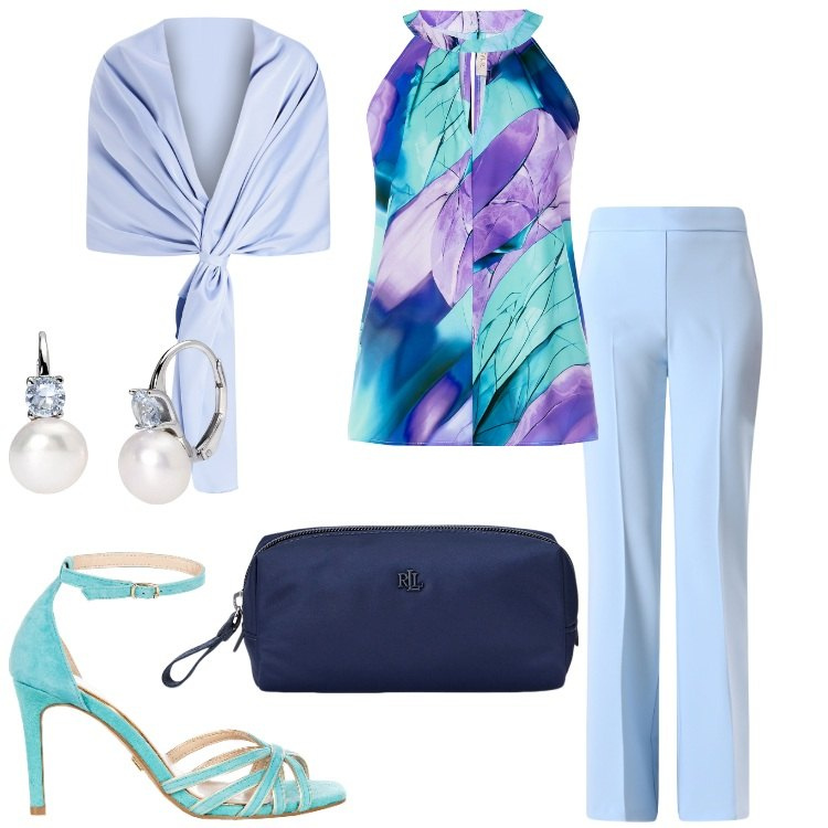 Outfit donna - Rinascimento - Saldi estivi. Stile Chic per Cerimonia. Abbinamento con orecchini, top, pantaloni, sandali col tacco, stole, pochette.