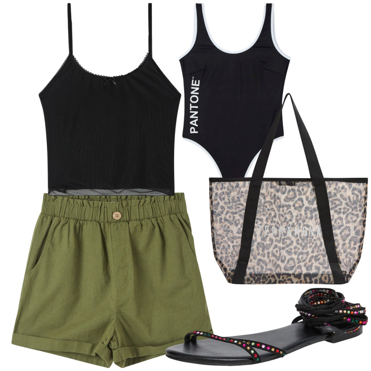 Outfit donna - Terranova - Summer Sales 2025. Stile Basic per Mare. Abbinamento con pantaloni corti, costumi interi, top, sandali alla schiava, shopping bag.