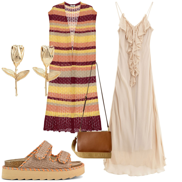 Outfit donna - Arancio luglio. Stile Chic per Serata fuori. Abbinamento con vestiti lunghi, gilet, borse a tracolla, sandali, orecchini.