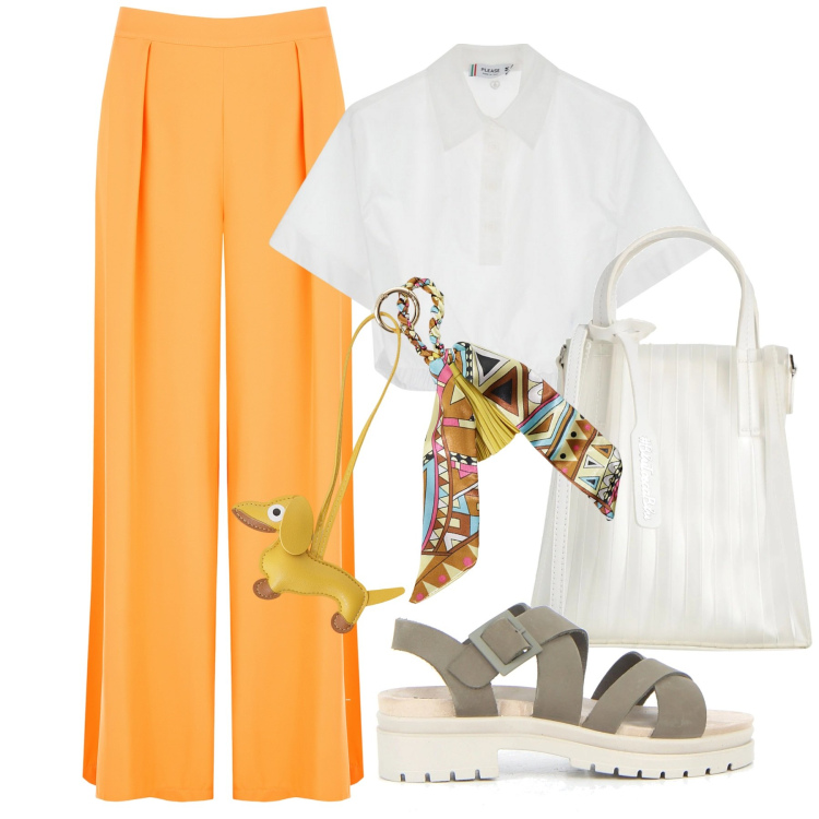 Outfit donna - Arancioluglio. Stile Chic per Ufficio. Abbinamento con borse a mano, portachiavi, pantaloni, camicie a manica corta, sandali.