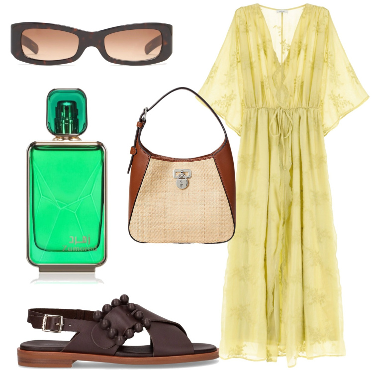 Outfit donna - I sandali in città. Stile Chic per Tutti i giorni. Abbinamento con profumi, vestiti lunghi, borse a tracolla, sandali, occhiali da sole.