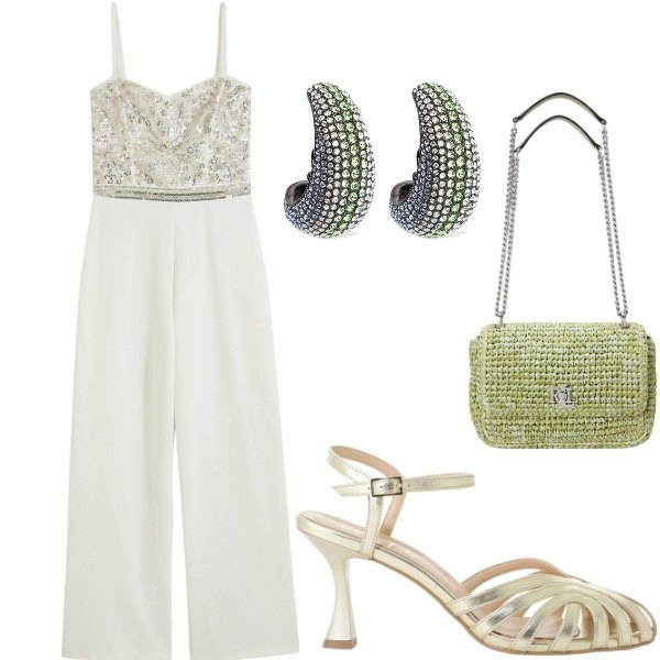 Outfit donna - Le cerimonie di Luglio. Stile Glamour per Cerimonia. Abbinamento con tute, sandali col tacco, borse a spalla, orecchini.