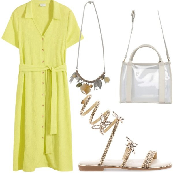 Outfit donna - Aperitivo veloce. Stile Casual chic per Serata fuori. Abbinamento con vestiti, borse tote, collane, sandali.