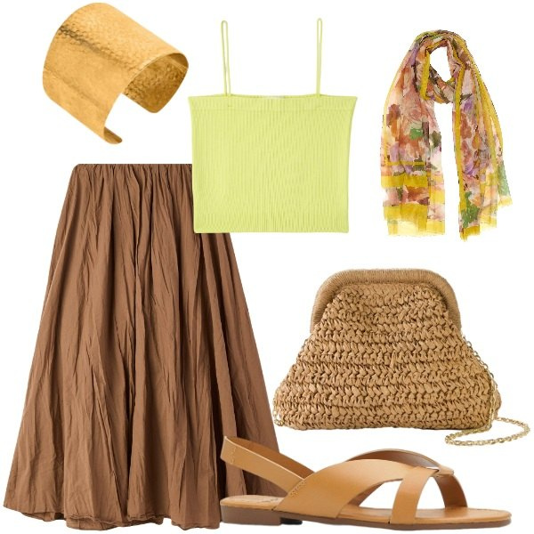 Outfit donna - Serata tra amici. Stile Casual chic per Serata fuori. Abbinamento con borse a tracolla, sandali, canottiere, gonne lunghe, sciarpe, braccialetti.