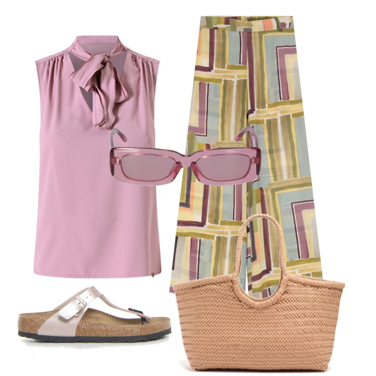 Outfit donna - In città per acquisti. Stile Chic per Tutti i giorni. Abbinamento con top, pantaloni, shopping bag, occhiali da sole, infradito.