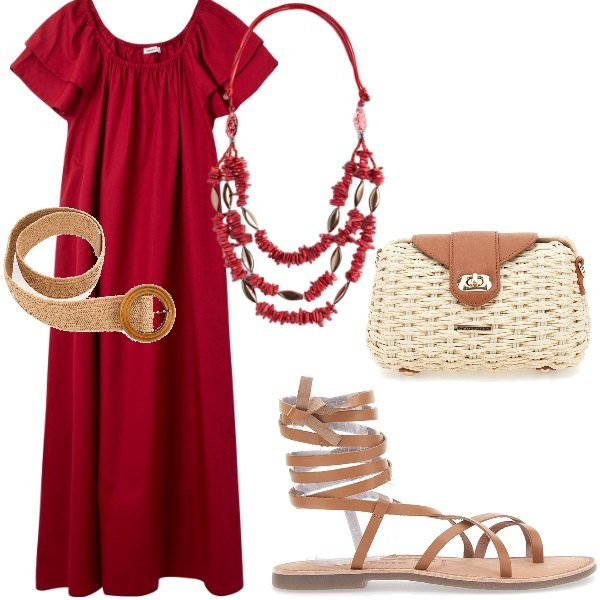 Outfit donna - Serate di luglio. Stile Casual per Serata fuori. Abbinamento con vestiti lunghi, sandali alla schiava, borse a tracolla, cinture, collane.