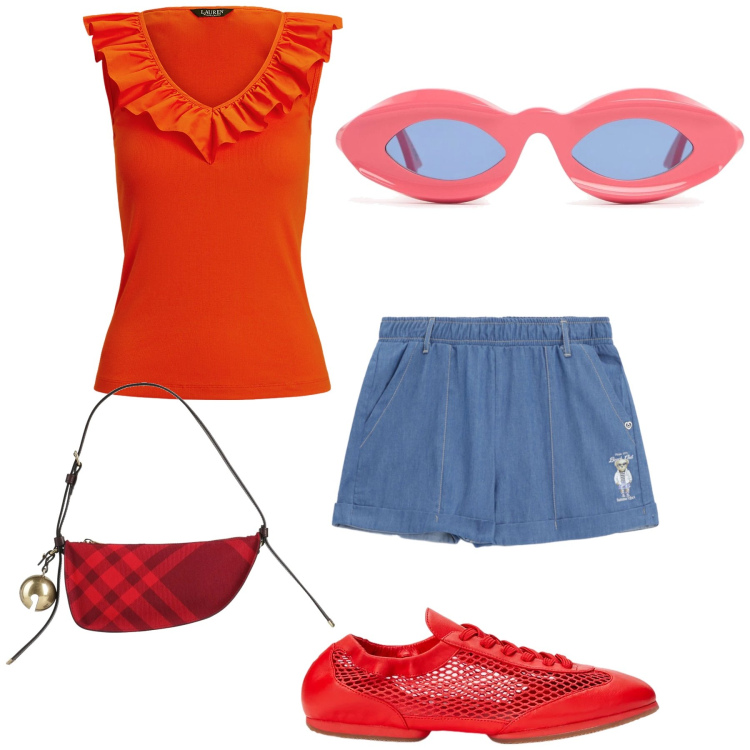 Outfit donna - Arancione e azzurro combo chic. Stile Casual chic per Tutti i giorni. Abbinamento con borse a mano, shorts, top, ballerine, occhiali da sole.
