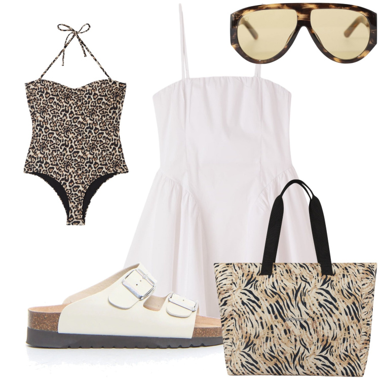 Outfit donna - Freschissima in abito bianco. Stile Trendy per Mare. Abbinamento con costumi interi, vestiti corti, occhiali da sole, shopping bag, ciabatte.