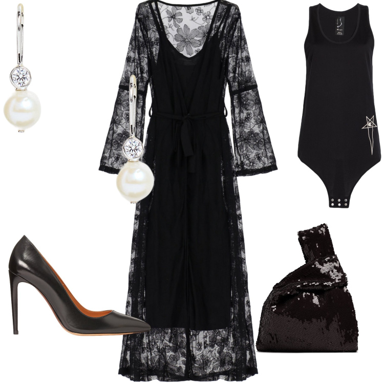 Outfit donna - Dress code perle e pizzo. Stile Chic per Serata fuori. Abbinamento con body, vestiti lunghi, orecchini, décolleté, pochette.