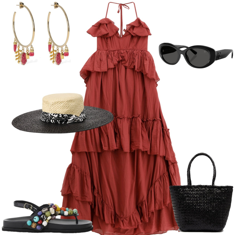 Outfit donna - Total look #2194757. Stile Boho per Tutti i giorni. Abbinamento con vestiti lunghi, sandali gioiello, occhiali da sole, cappelli, borse a secchiello, orecchini.
