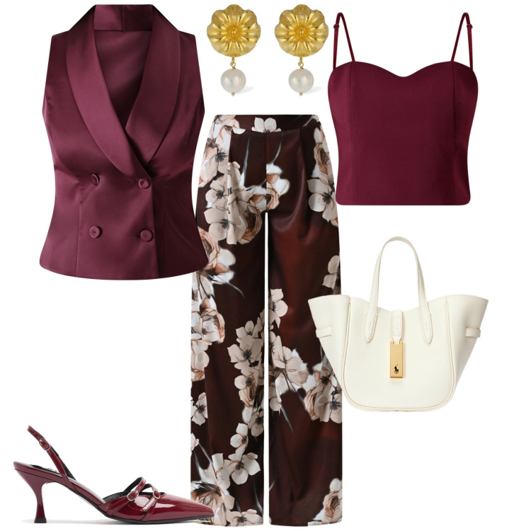 Outfit donna - Total look #2194759. Stile Chic per Ufficio. Abbinamento con pantaloni a palazzo, gilet, top, borse tote, décolleté, orecchini.