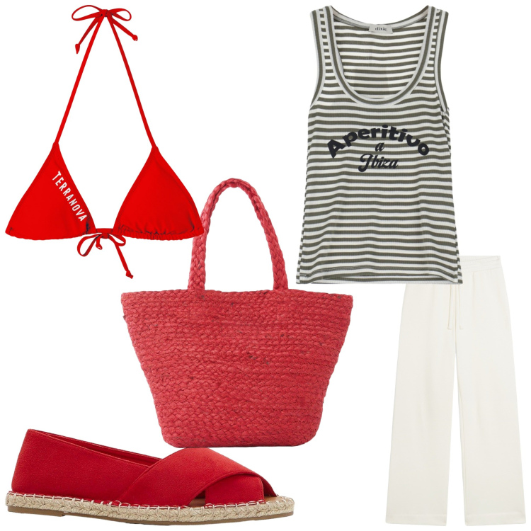 Outfit donna - Sapore di mare. Stile Casual per Mare. Abbinamento con espadrillas, shopping bag, bikini, pantaloni, canottiere.