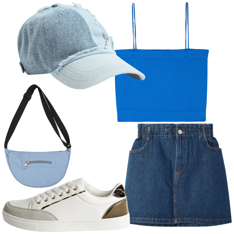 Outfit donna - Sbarazzina. Stile Basic per Tutti i giorni. Abbinamento con minigonne, sneakers, canottiere, cappelli, borse a tracolla.