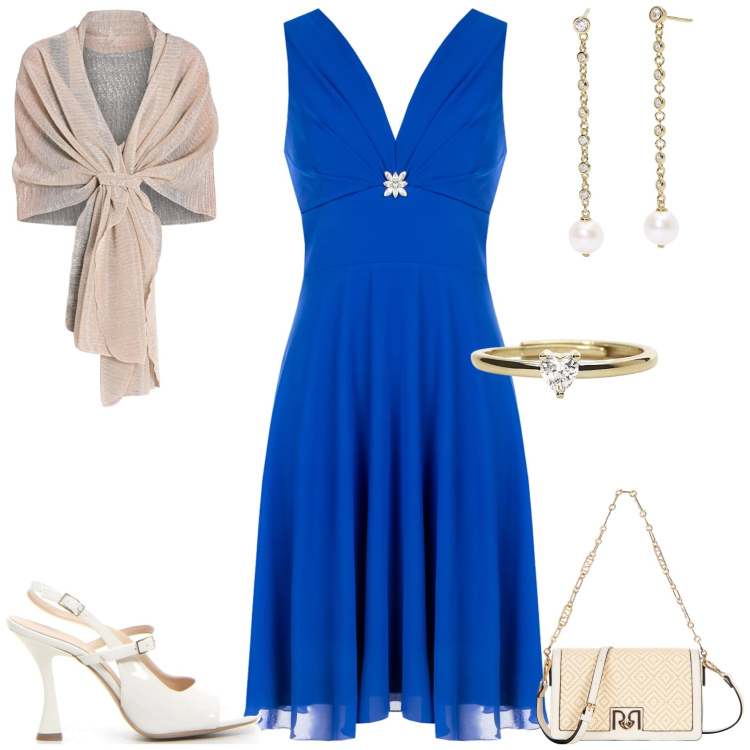 Outfit donna - Cerimonia evento serata. Stile Chic per Cerimonia. Abbinamento con orecchini, anelli, stole, vestiti corti, borse a tracolla, sandali col tacco.