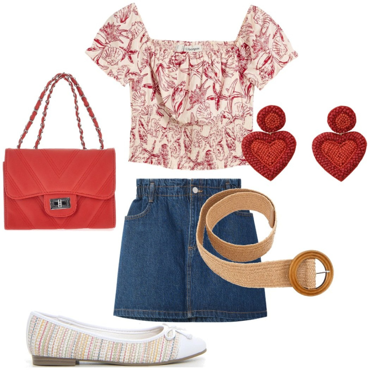 Outfit donna - Pomeriggio libero. Stile Preppy per Tutti i giorni. Abbinamento con camicie, minigonne, orecchini, ballerine, borse a tracolla, cinture.