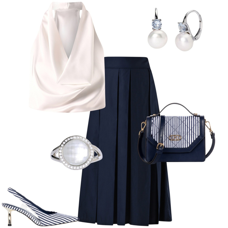 Outfit donna - Evento. Stile Chic per Tutti i giorni. Abbinamento con borse a mano, gonne longuette, top, décolleté, orecchini, anelli.