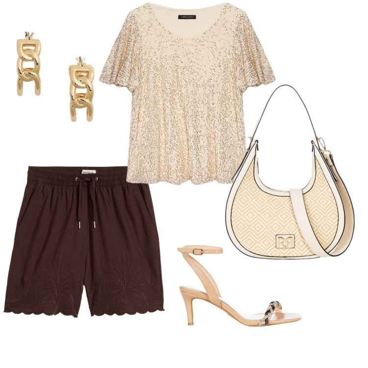 Outfit donna - Serate estive. per Serata fuori. Abbinamento con shorts, sandali in pelle, borse a mano, orecchini, t-shirt.