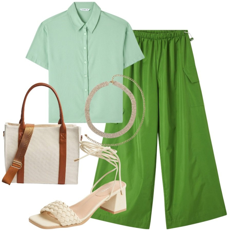 Outfit donna - Terranova - Summer Sale 2025. Stile Casual chic per Ufficio. Abbinamento con pantaloni cargo, camicie a manica corta, shopping bag, collane, sandali alla schiava.