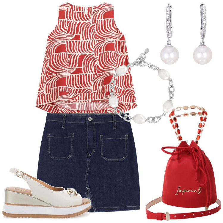 Outfit donna - Rosso e jeans. Stile Casual chic per Tutti i giorni. Abbinamento con orecchini, braccialetti, minigonne, top, borse a secchiello, sandali in pelle.