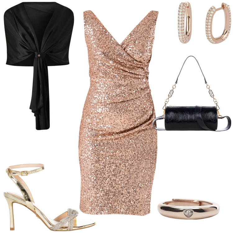 Outfit donna - Evento serata glamour. Stile Glamour per Serata fuori. Abbinamento con orecchini, anelli, scialli, vestiti a tubino, sandali col tacco, borse a mano.