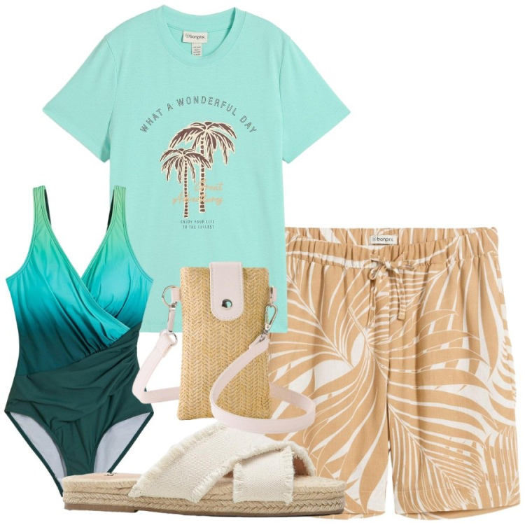Outfit donna - Nuovi colori, nuove tendenze. Stile Basic per Mare. Abbinamento con costumi interi, t-shirt, ciabatte, bermuda, borse a tracolla.