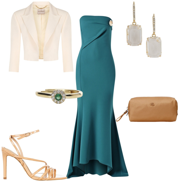 Outfit donna - Total look #2194798. Stile Chic per Serata fuori. Abbinamento con anelli, vestiti lunghi, bolero, sandali col tacco, pochette, orecchini.