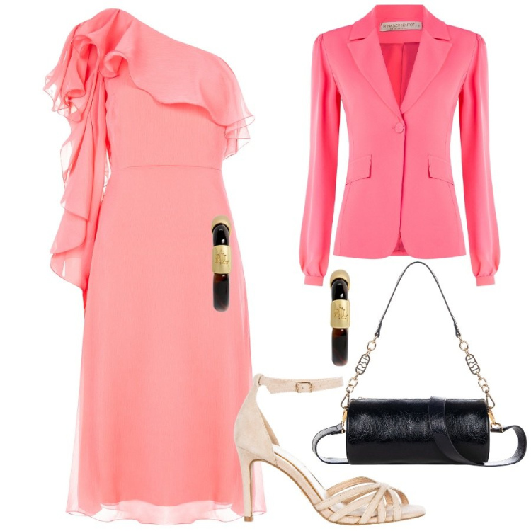 Outfit donna - Rinascimento - Saldi estivi. Stile Bon Ton per Cerimonia. Abbinamento con vestiti asimmetrici, blazer, sandali col tacco, borse a mano, orecchini.