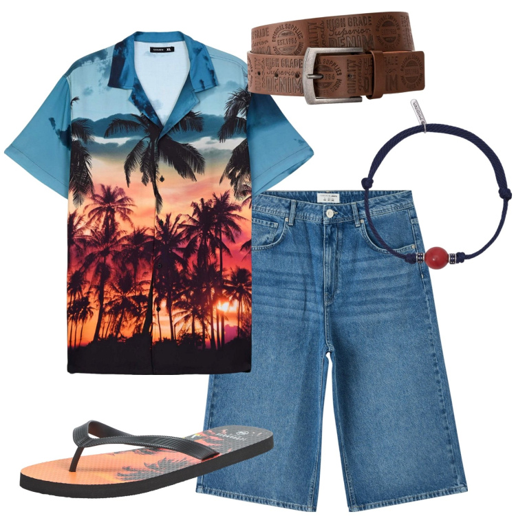 Outfit uomo - Sunset. Stile Casual per Mare. Abbinamento con cinture, pantaloni corti, sandali, camicie a manica corta, braccialetti.