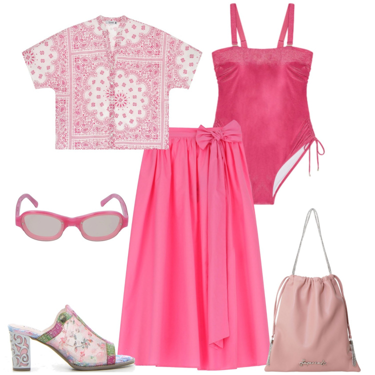 Outfit donna - In spiaggia. Stile Casual chic per Mare. Abbinamento con camicie a manica corta, borse a secchiello, gonne lunghe, costumi interi, occhiali da sole, sabot.