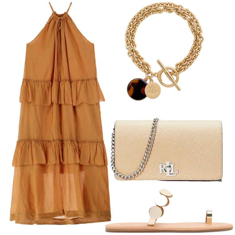 Outfit donna - Summer sale. Stile Boho per Serata fuori. Abbinamento con vestiti lunghi, braccialetti con ciondoli, borse a tracolla, sandali col tacco.