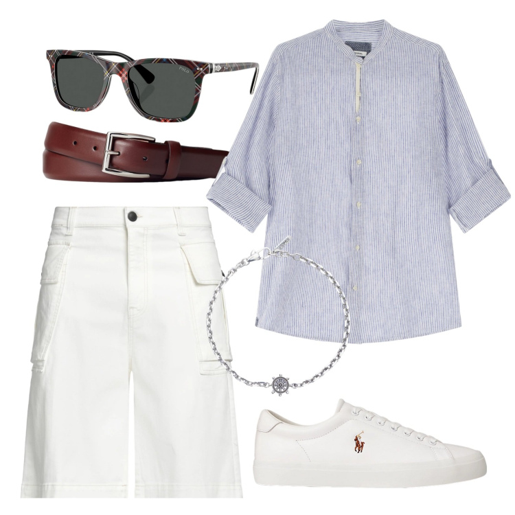 Outfit uomo - In barca. Stile Casual per Tutti i giorni. Abbinamento con shorts, braccialetti, camicie, cinture, sneakers, occhiali da sole.
