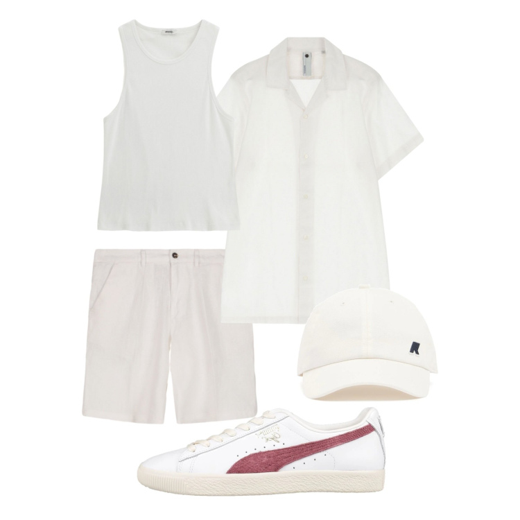 Outfit uomo - Look minimal!. Stile Urban per Mare. Abbinamento con sneakers, canottiere, camicie a manica corta, bermuda, cappelli.