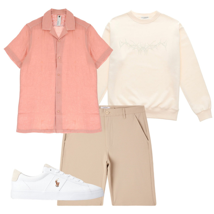 Outfit uomo - Passeggiata sul lungomare. Stile Casual per Tutti i giorni. Abbinamento con pantaloni corti, camicie a manica corta, sneakers, felpe.