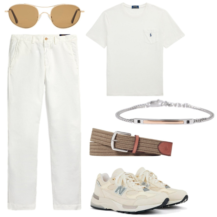 Outfit uomo - Look lino white. Stile Urban per Tutti i giorni. Abbinamento con braccialetti, sneakers, pantaloni, t-shirt, cinture, occhiali da sole.