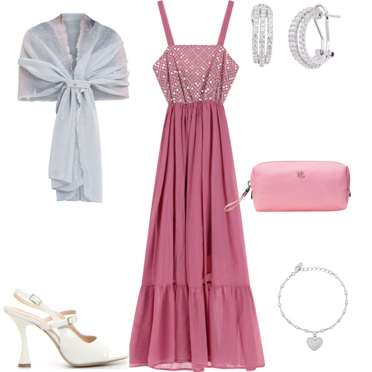 Outfit donna - Serata evento. Stile Romantica per Serata fuori. Abbinamento con orecchini, braccialetti, stole, vestiti lunghi, pochette, sandali col tacco.