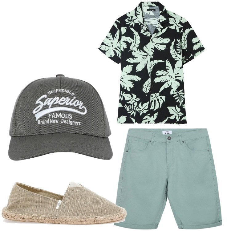 Outfit uomo - Una vita in vacanza. Stile Casual per Tutti i giorni. Abbinamento con bermuda, camicie a manica corta, cappelli con visiera, espadrillas.