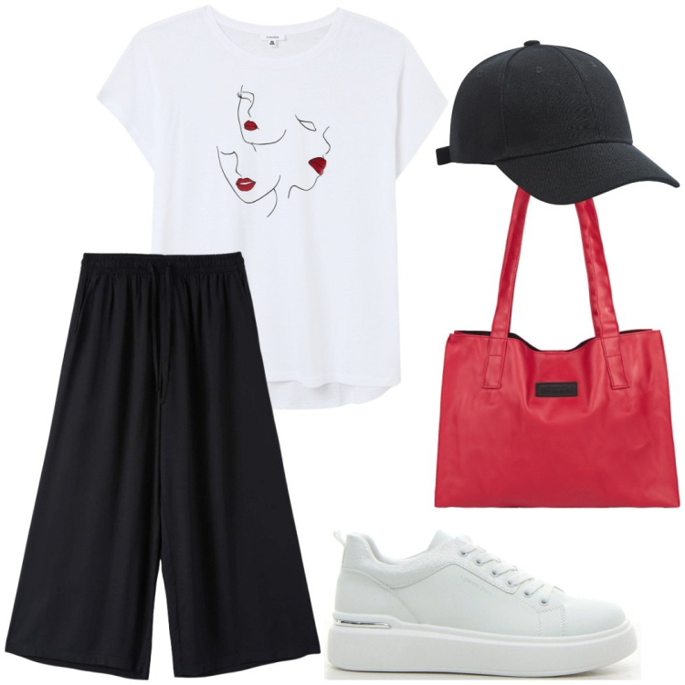 Outfit donna - Relax con stile. Stile Casual per Tutti i giorni. Abbinamento con pantaloni a palazzo, cappelli, t-shirt, shopping bag, sneakers.