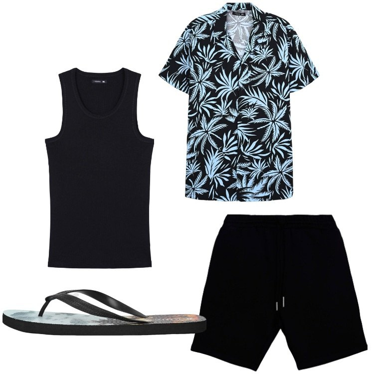 Outfit uomo - Un tipo da spiaggia. Stile Casual per Tutti i giorni. Abbinamento con pantaloni corti, sandali, canottiere, camicie a manica corta.