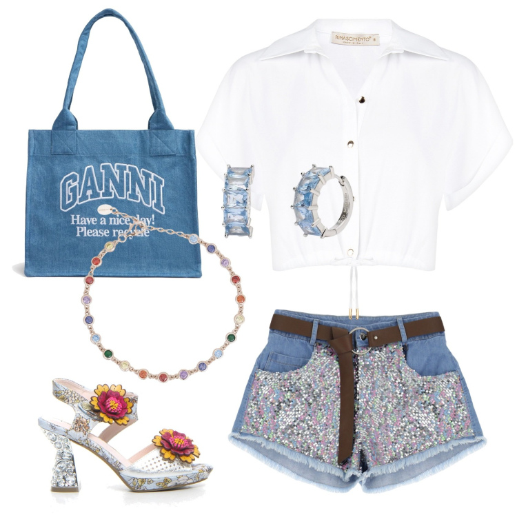 Outfit donna - Saldi hot. Stile Casual chic per Tutti i giorni. Abbinamento con shorts, braccialetti, orecchini, camicie a manica corta, shopping bag, sandali col tacco.